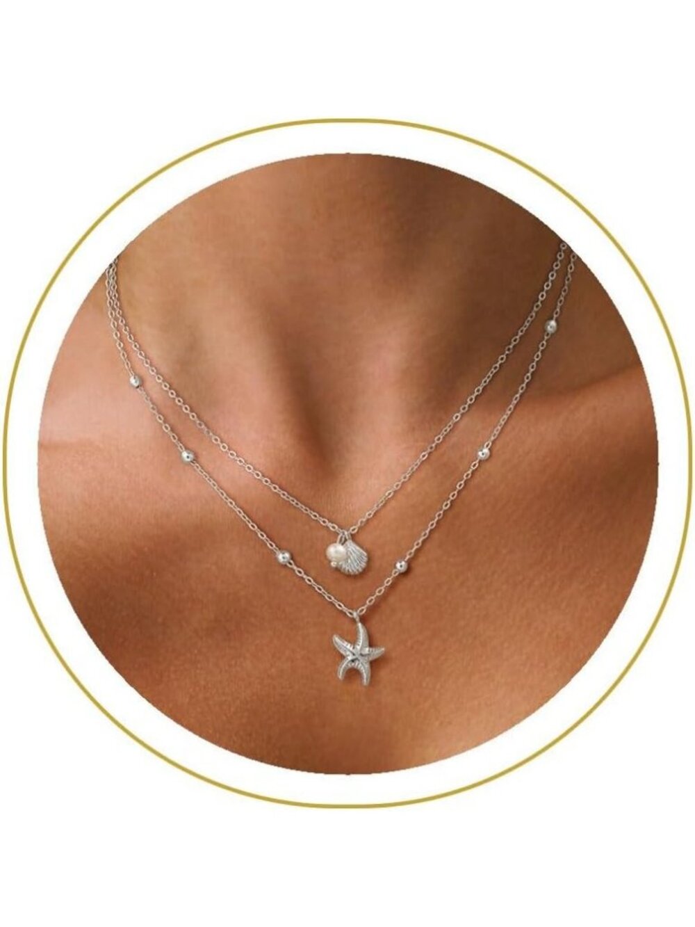 Women's 2pcs Silver Starfish Shell Pearl Pendant Layered Cuban Link Necklace
